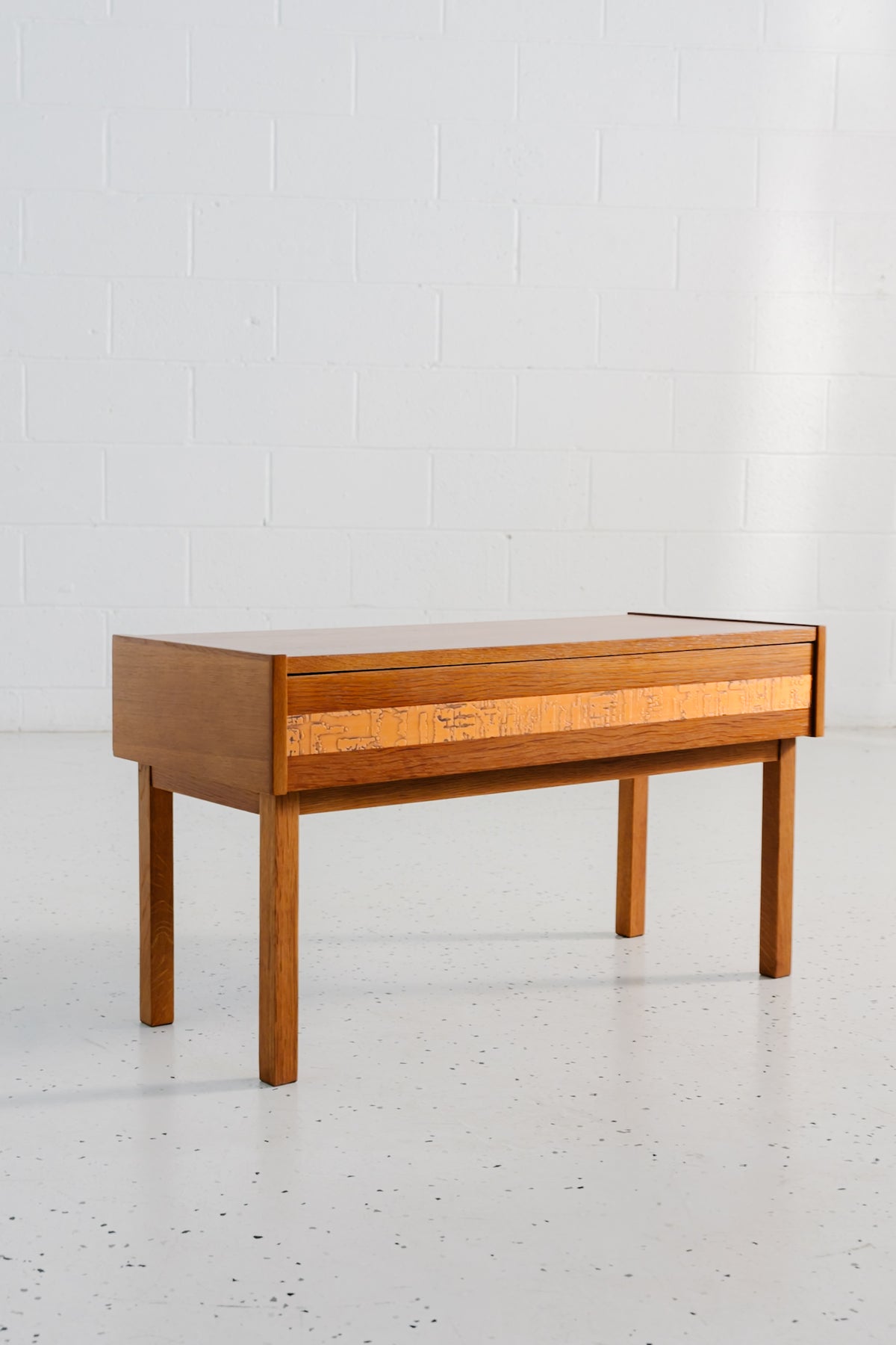 Restored mid-century oak hall console with matching mirror and copper inlay