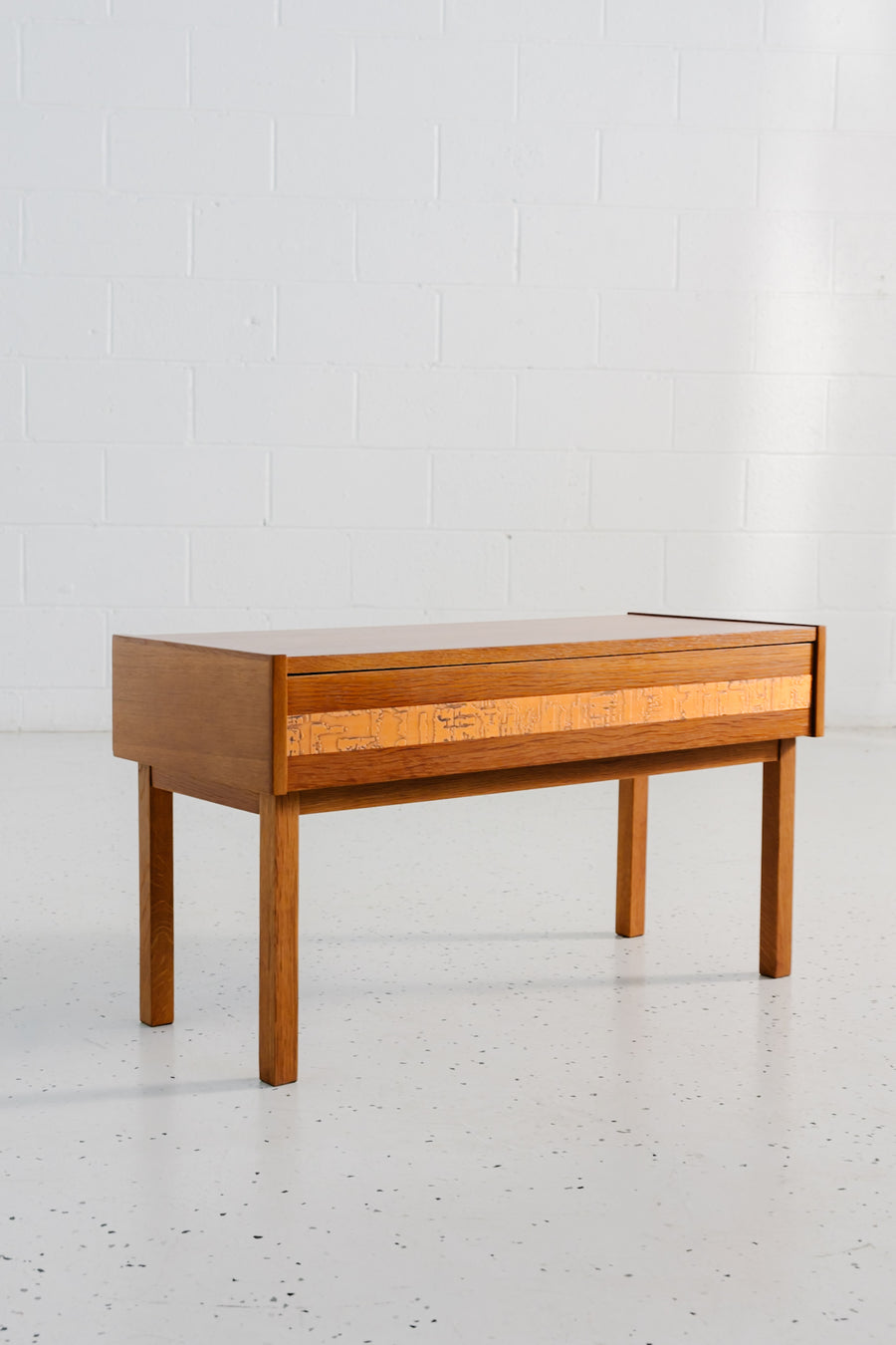 Restored mid-century oak hall console with matching mirror and copper inlay