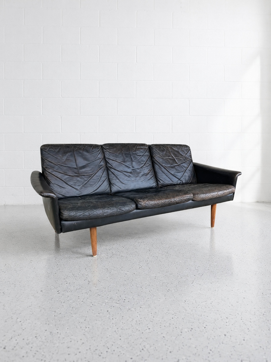 Danish Three-Seater Sofa in Black Leather