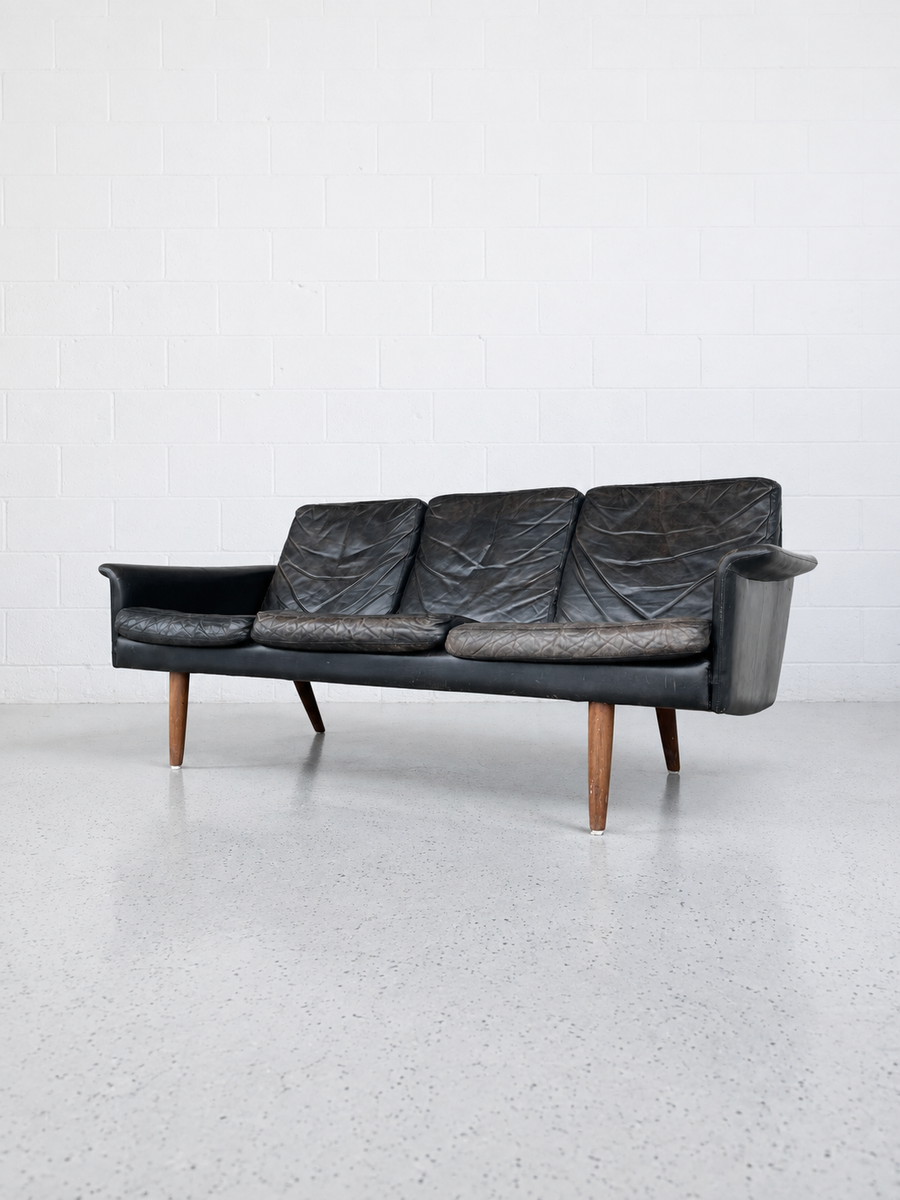 Danish Three-Seater Sofa in Black Leather